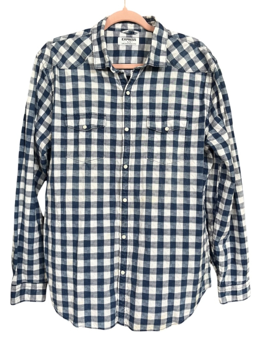 Express Blue & White Buffalo Check Long Sleeve Snap Front Shirt Size XL